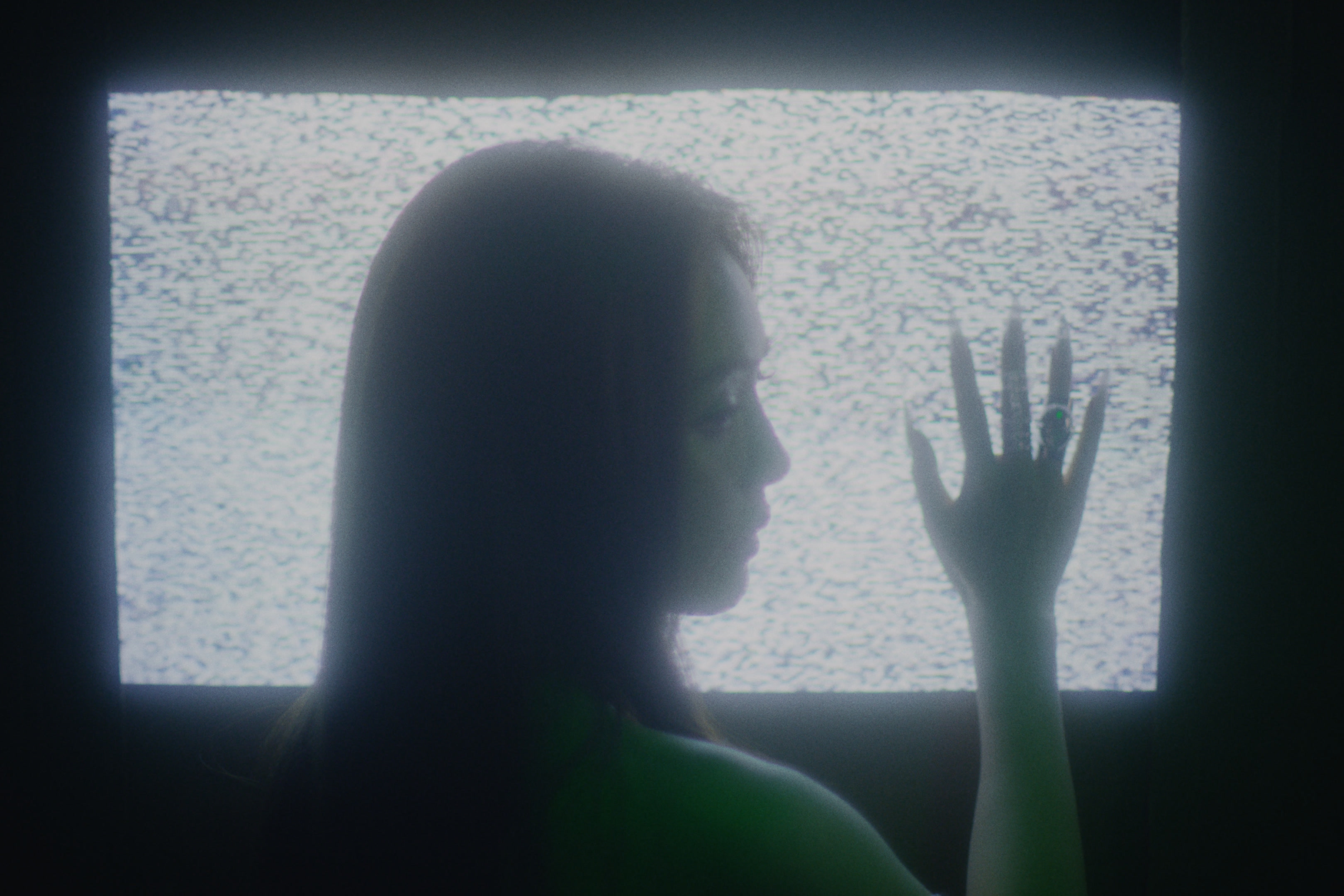 A woman in silhouette in front of television static