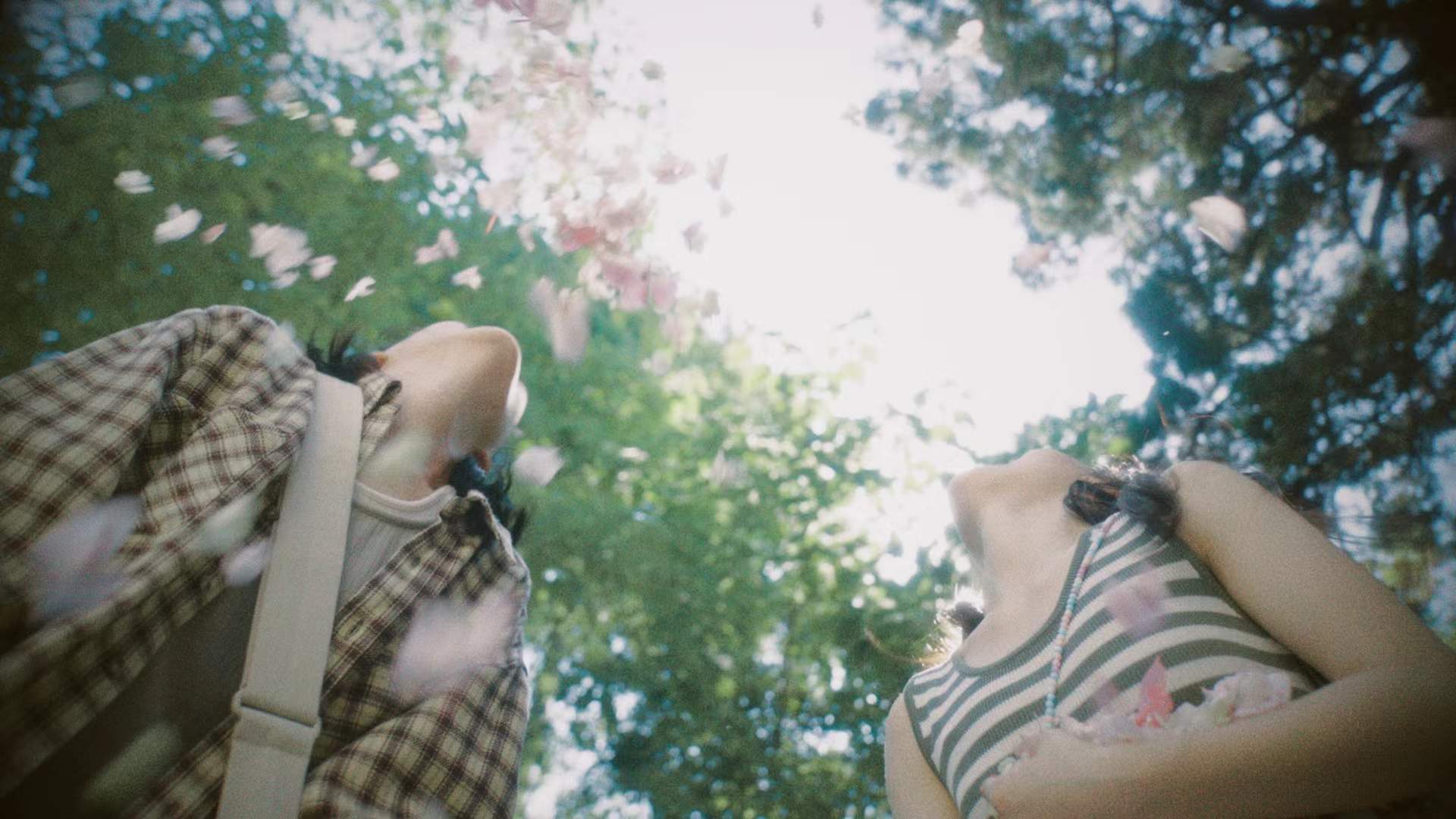 Two women beneath falling petals