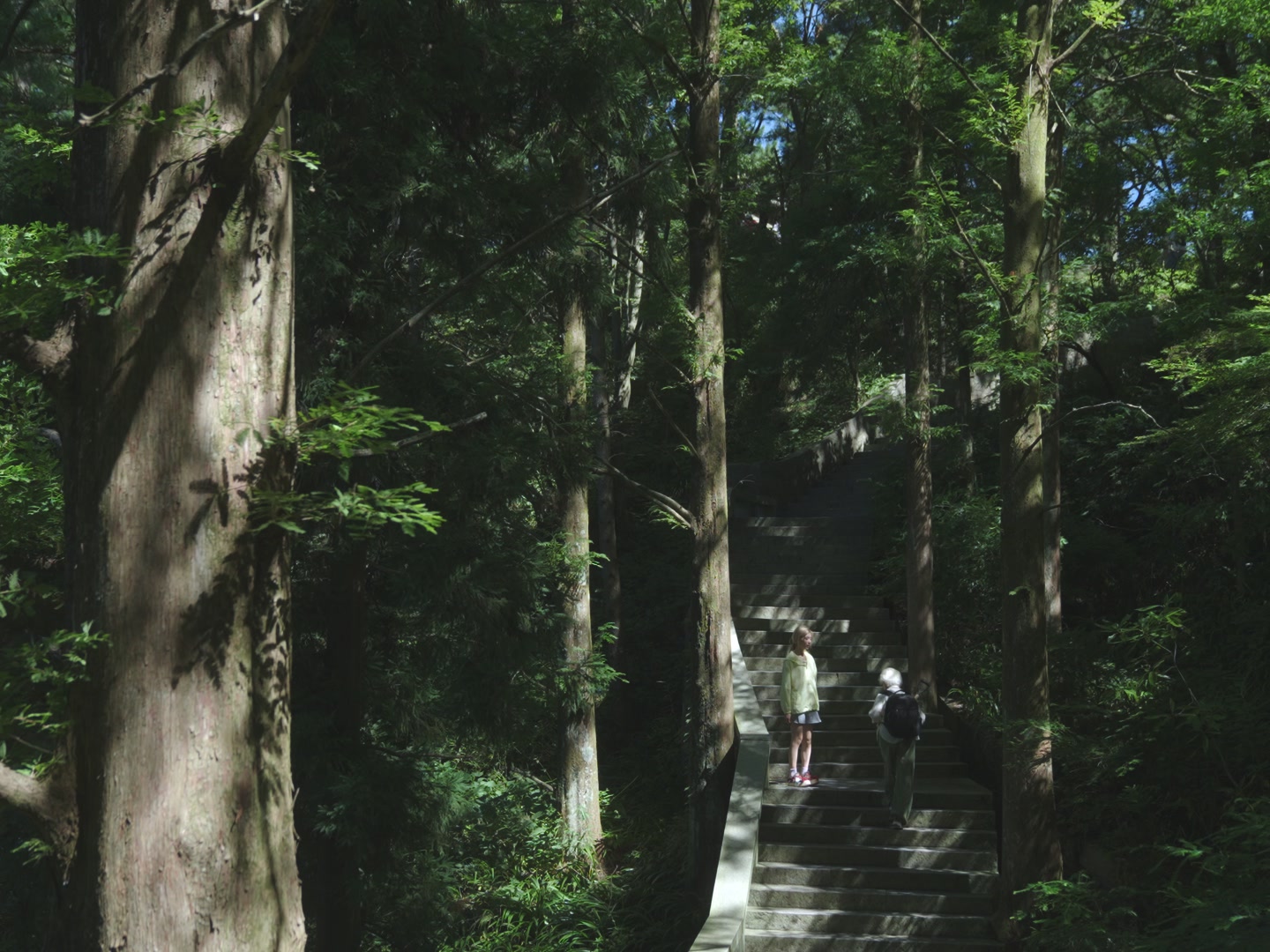 Two women on forest steps