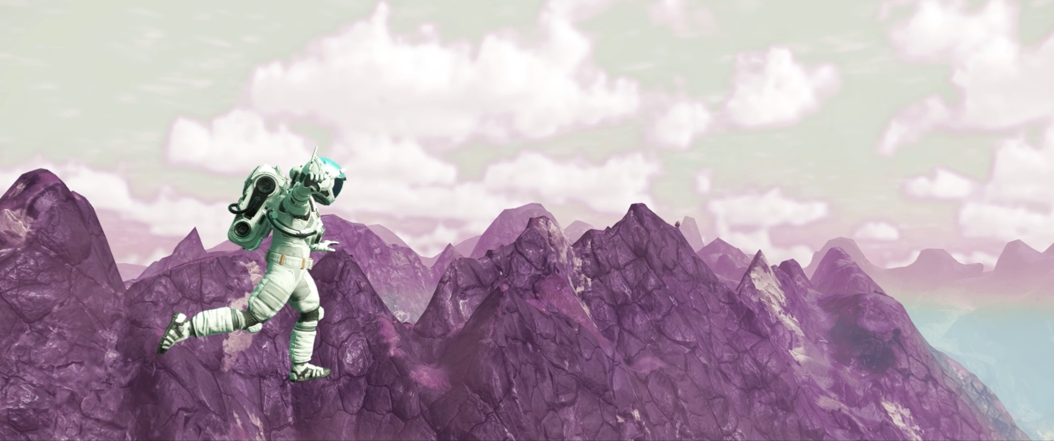 An astronaut in profile against purple mountains