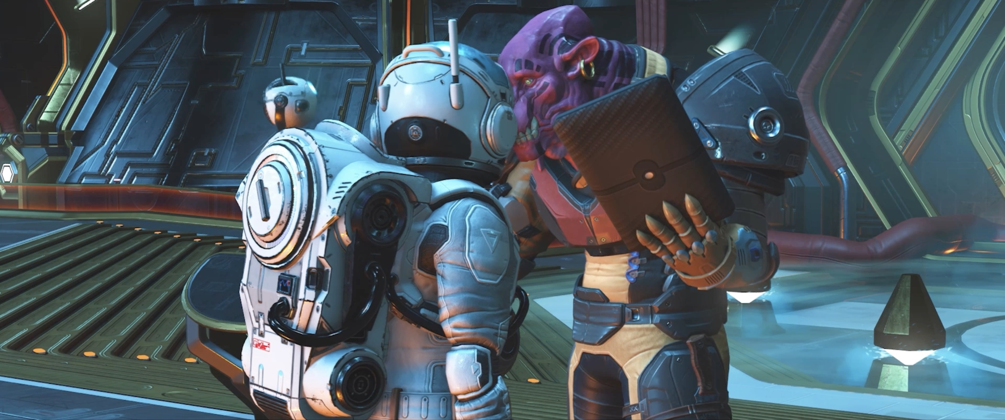 An astronaut encountering an alien aboard a spacecraft