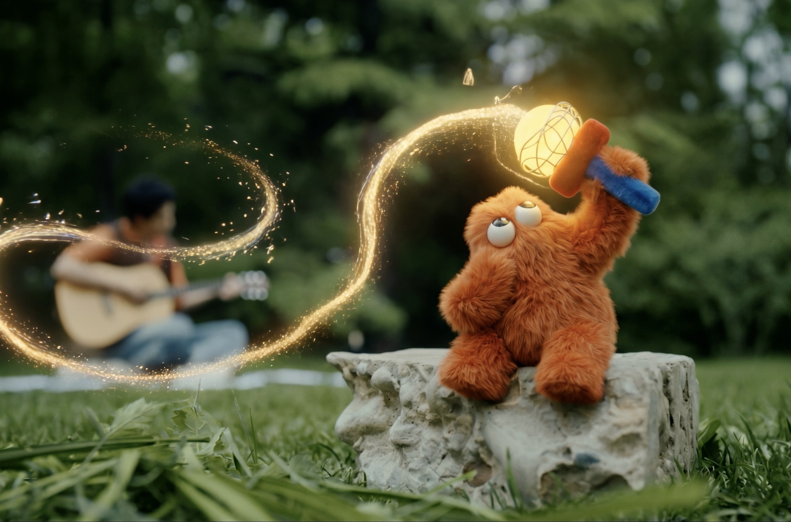 An orange puppet holding a glowing object in a garden