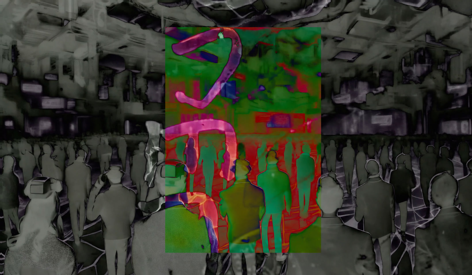 A crowd rendered in layered glitch colours
