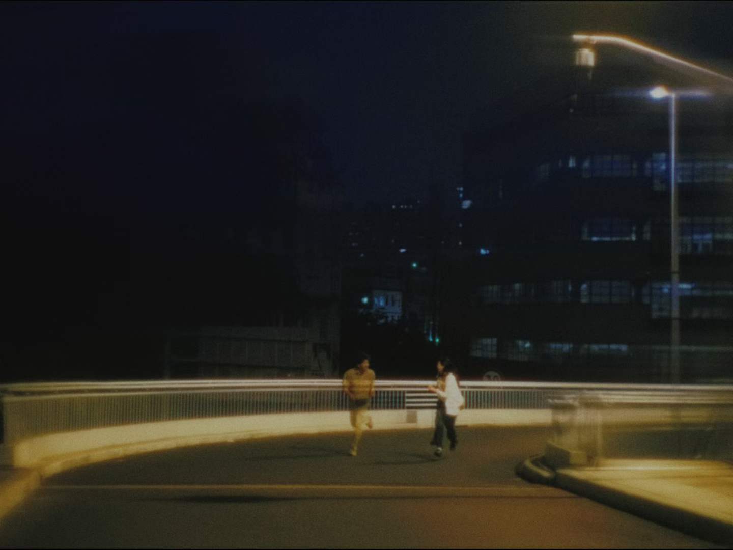 Two people on a bridge at night